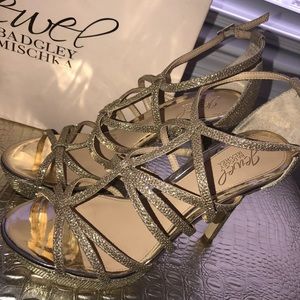 Jewel Badgley Mischka gold strappy heels